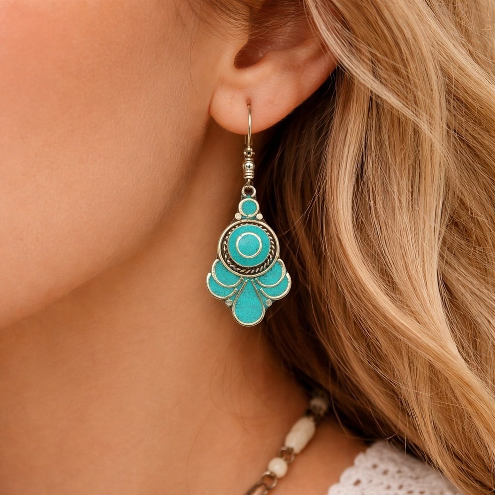 Tibetan Handmade Dangle Earrings In Turquoise Gemstones Boho Style #885
